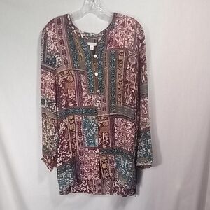 J.Jill Multicolored Patchwork Button Down Tunic Length Shirt Size M